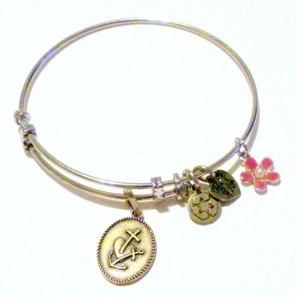 Angelica Collection Faith Hope and Charity Silver Tone Charm Bangle